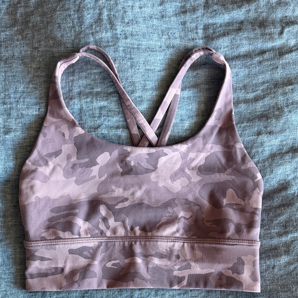 lululemon mauve purple camo strappy sports bra size 4